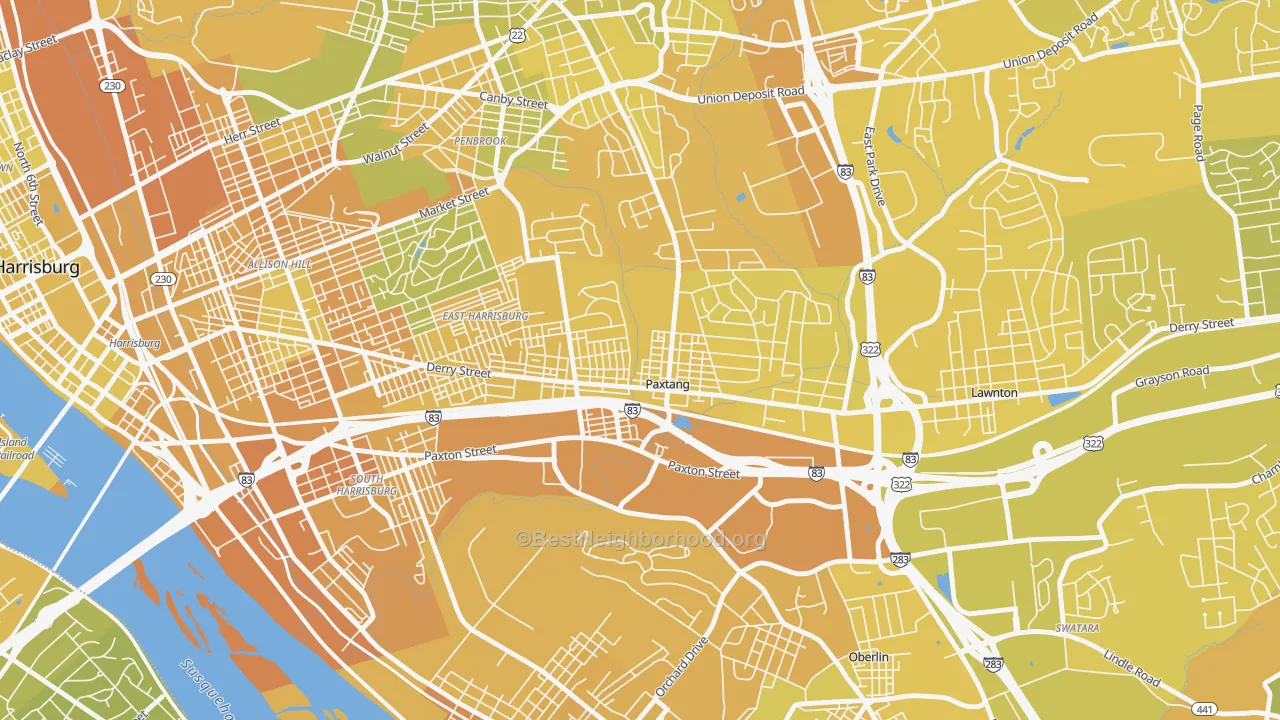 Map of the best neighborhoods in the Paxtang area, with better matches in green and worse matches in red