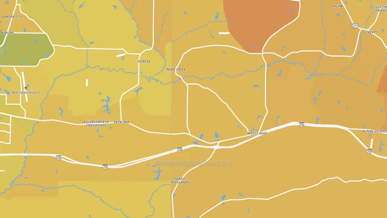 Map of the best neighborhoods in the Paxton area, with better matches in green and worse matches in red