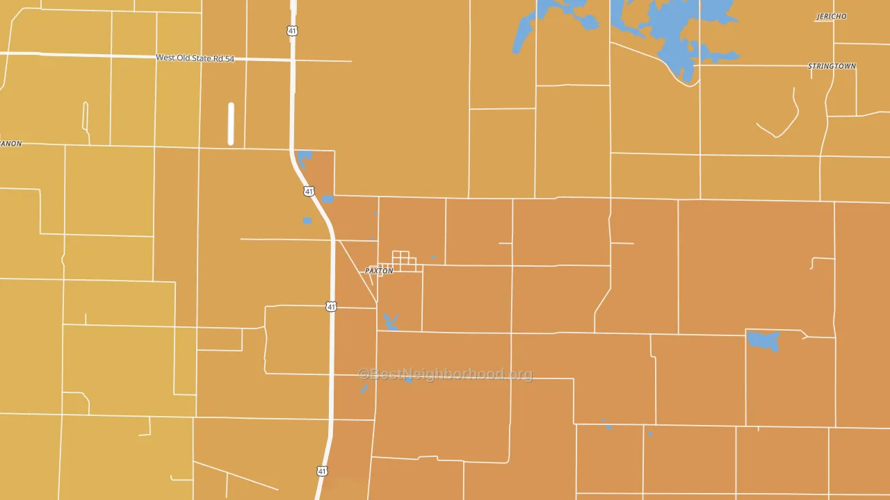 Map of the best neighborhoods in the Paxton area, with better matches in green and worse matches in red