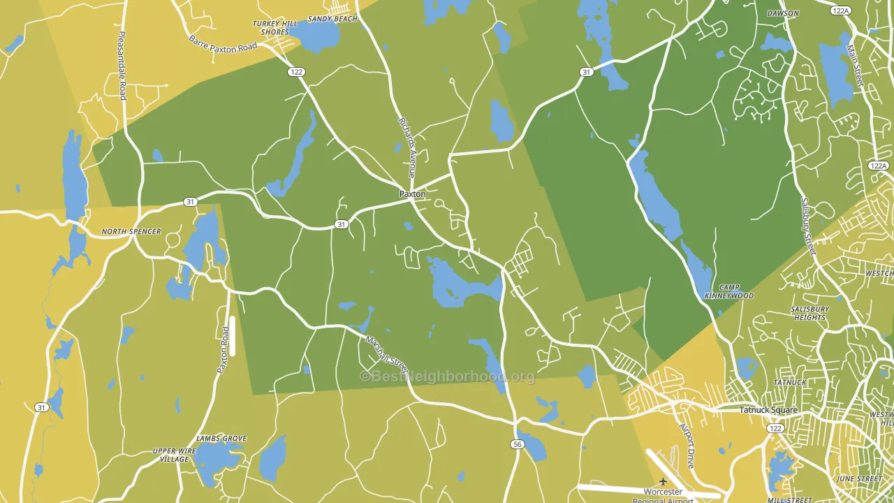 Map of the best neighborhoods in the Paxton area, with better matches in green and worse matches in red