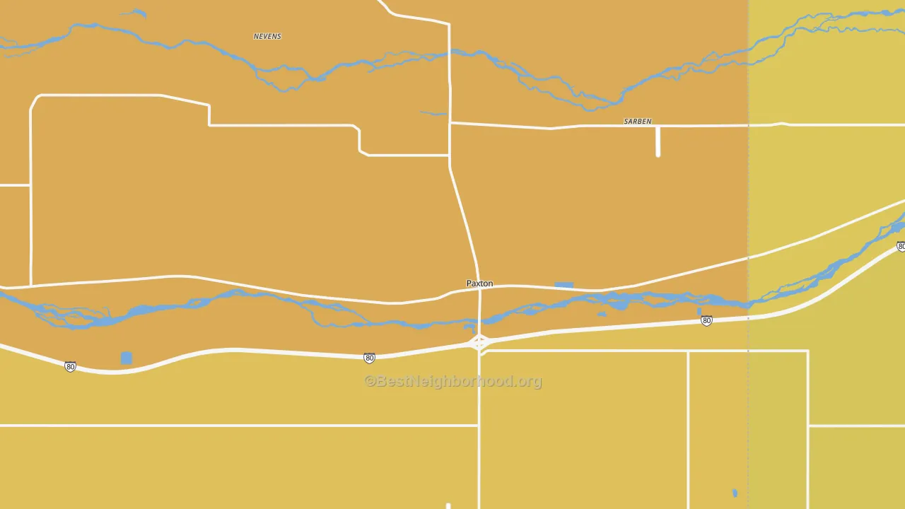 Map of the best neighborhoods in the Paxton area, with better matches in green and worse matches in red