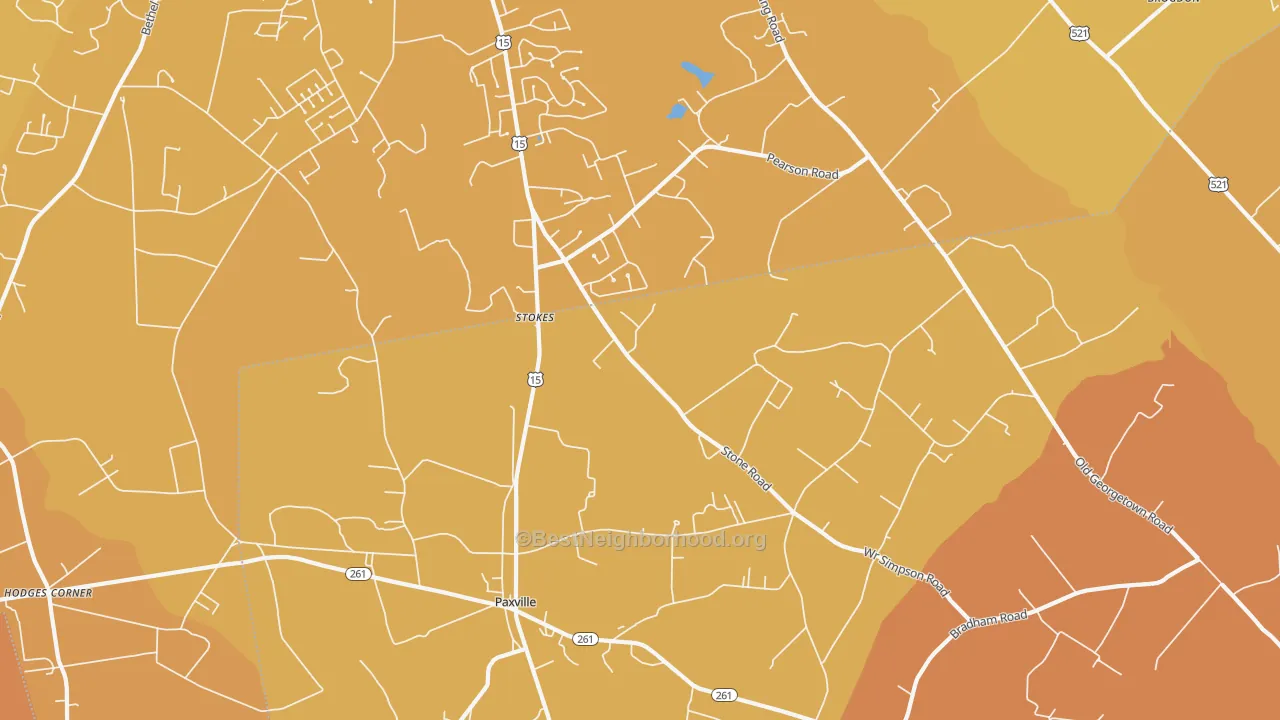 Map of the best neighborhoods in the Paxville area, with better matches in green and worse matches in red