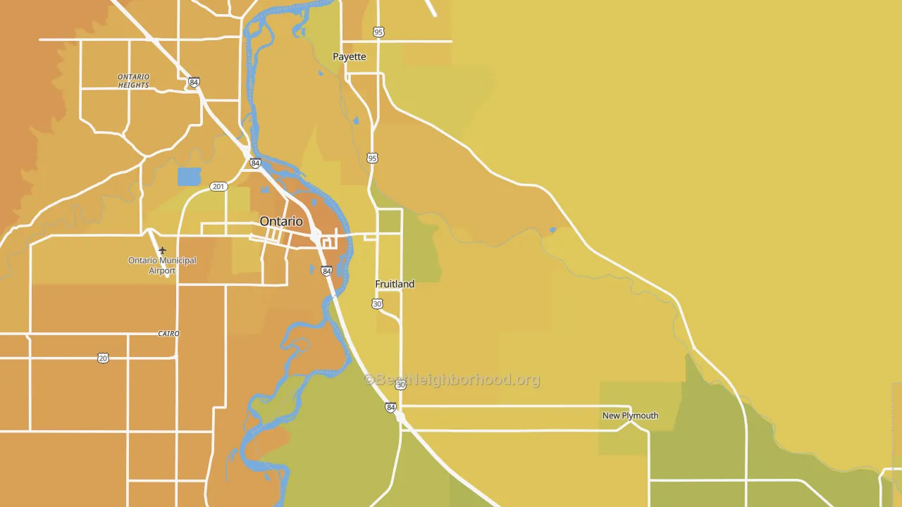Map of the best neighborhoods in the Payette County area, with better matches in green and worse matches in red