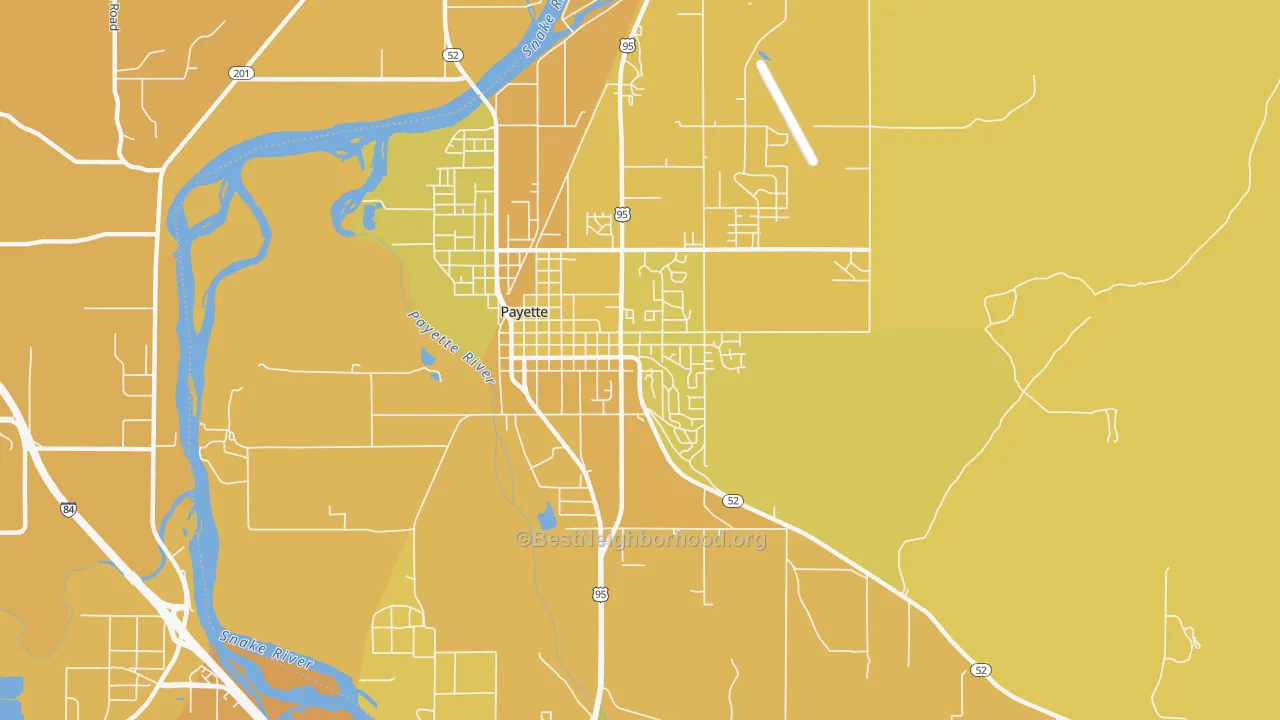 Map of the best neighborhoods in the Payette Heights, Payette area, with better matches in green and worse matches in red