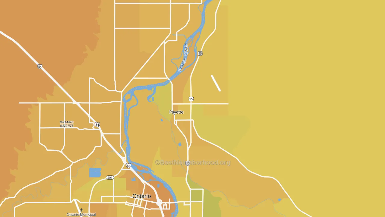 Map of the best neighborhoods in the Payette area, with better matches in green and worse matches in red
