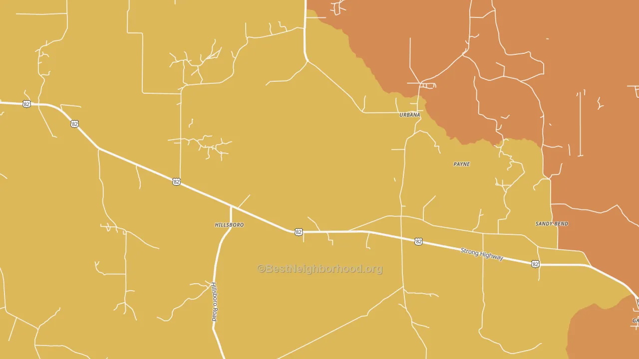 Map of the best neighborhoods in the Payne area, with better matches in green and worse matches in red