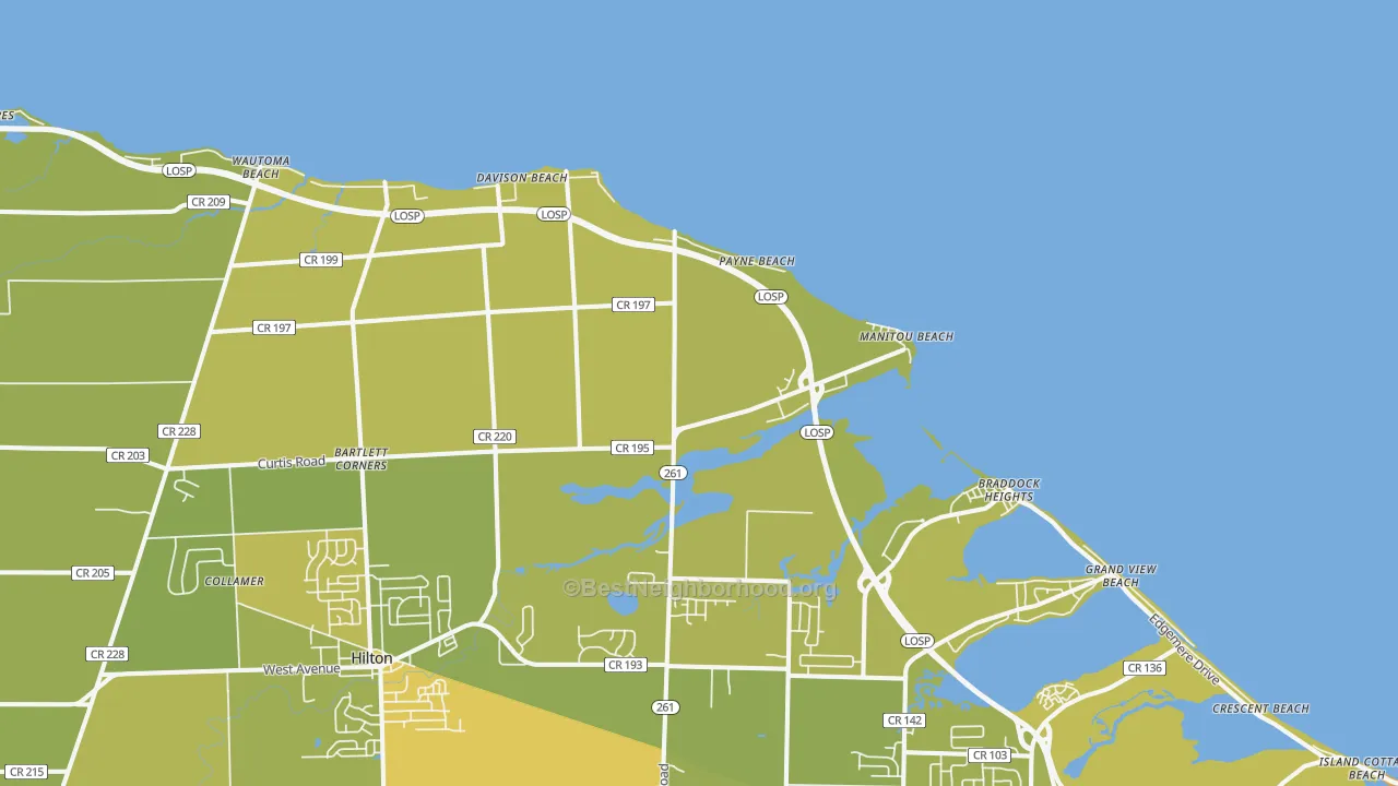 Map of the best neighborhoods in the Payne Beach area, with better matches in green and worse matches in red