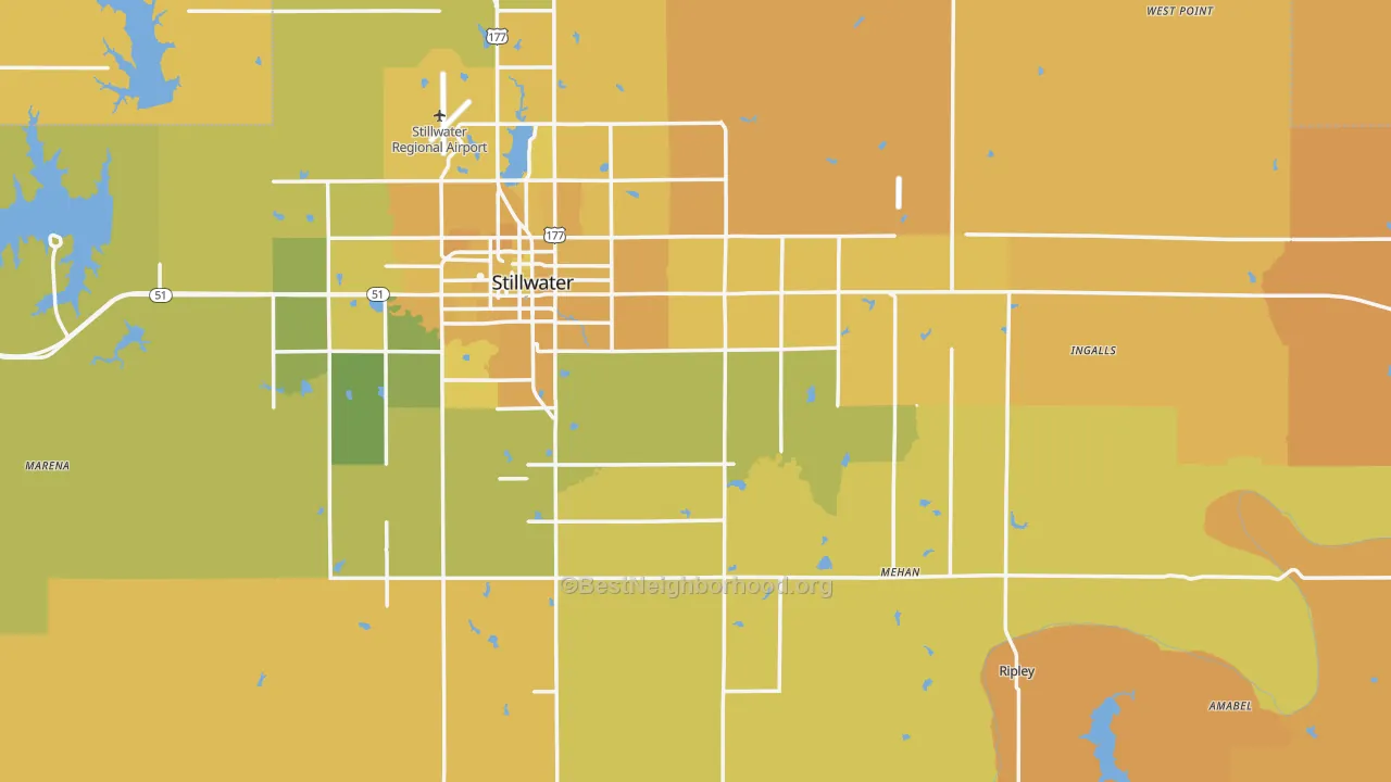 Map of the best neighborhoods in the Payne County area, with better matches in green and worse matches in red