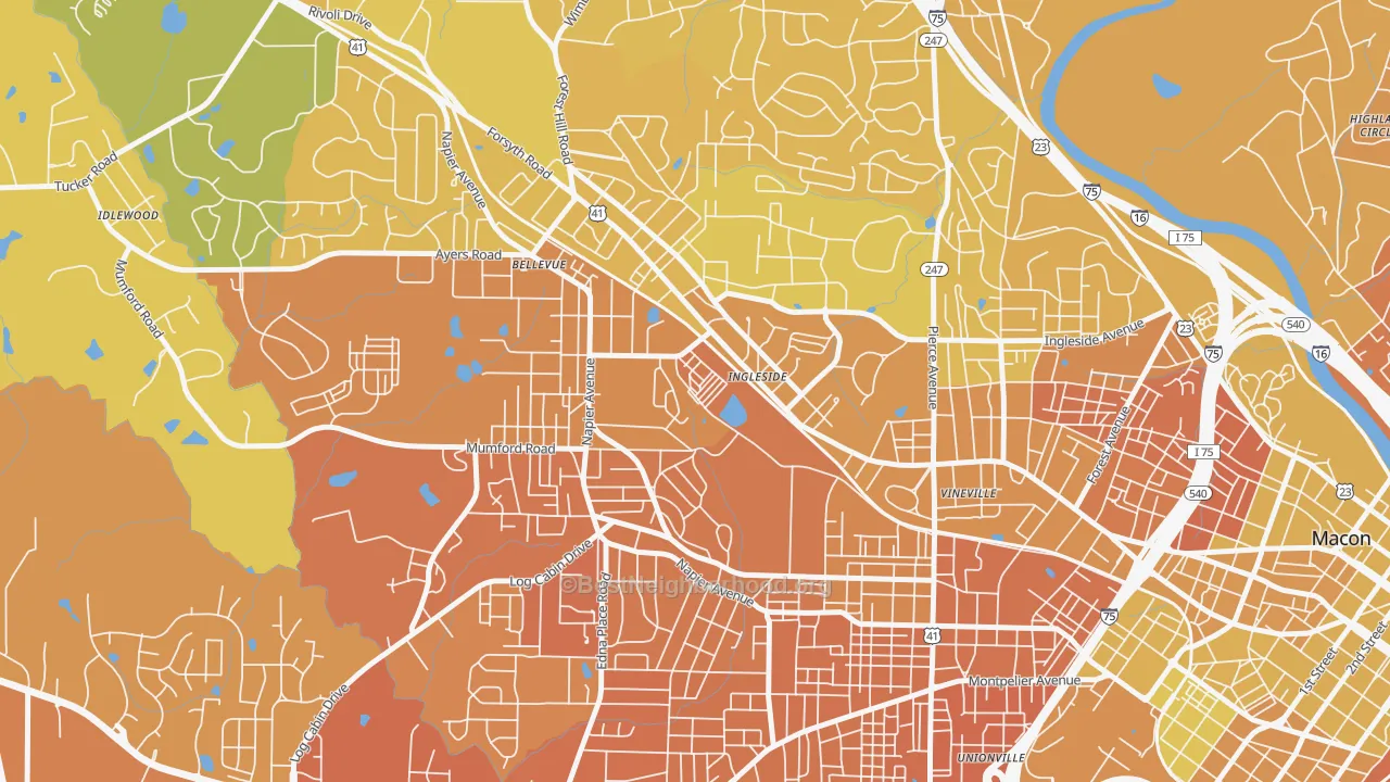 Map of the best neighborhoods in the Payne area, with better matches in green and worse matches in red