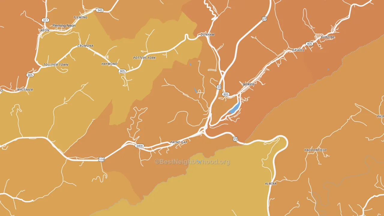 Map of the best neighborhoods in the Payne Gap area, with better matches in green and worse matches in red