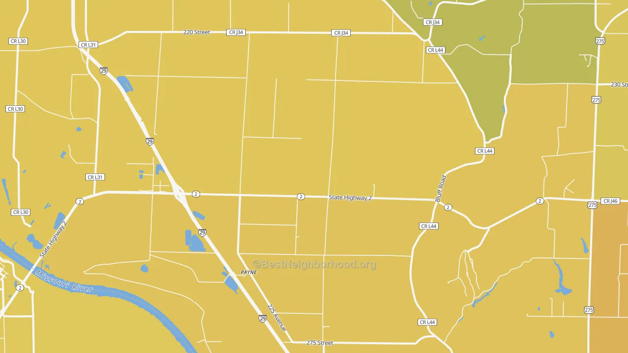 Map of the best neighborhoods in the Payne area, with better matches in green and worse matches in red