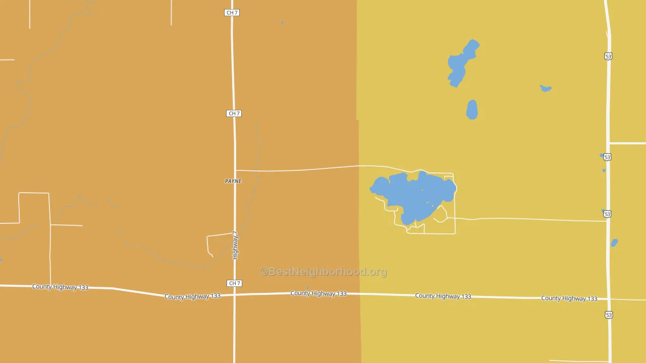 Map of the best neighborhoods in the Payne area, with better matches in green and worse matches in red