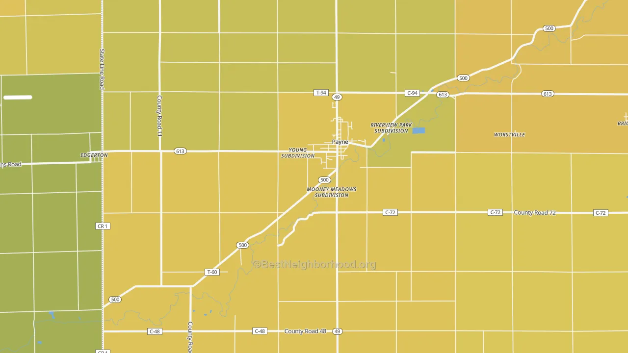 Map of the best neighborhoods in the Payne area, with better matches in green and worse matches in red