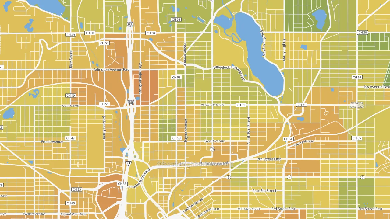 Map of the best neighborhoods in the Payne Phallen, St. Paul area, with better matches in green and worse matches in red