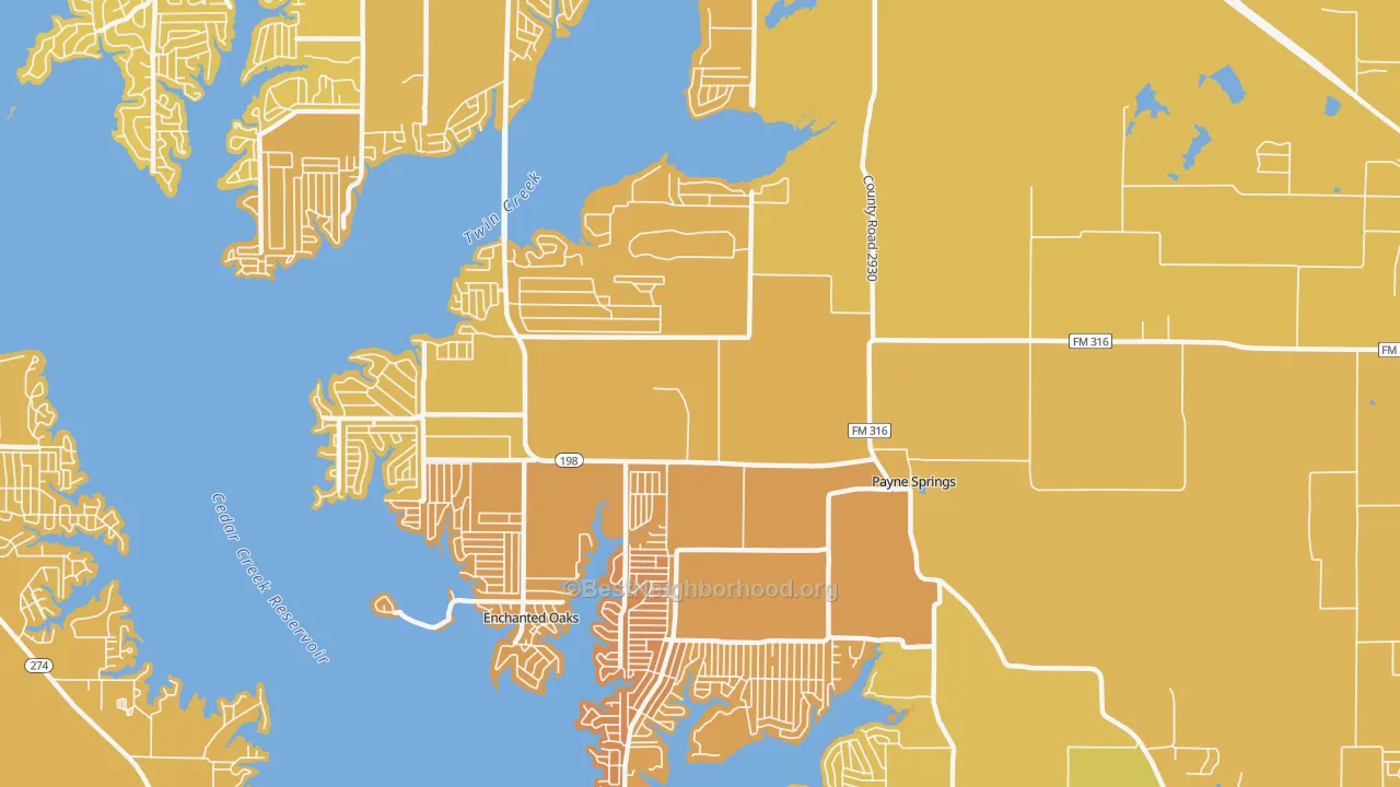 Map of the best neighborhoods in the Payne Springs area, with better matches in green and worse matches in red