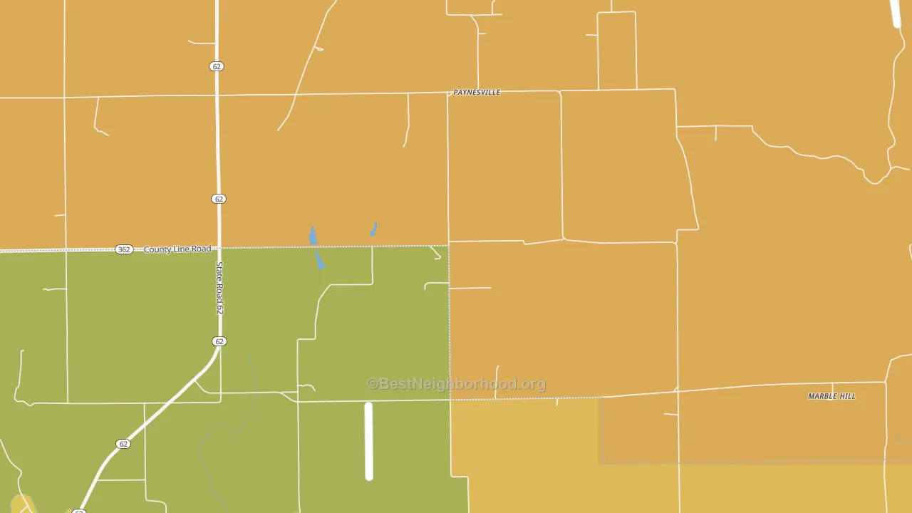Map of the best neighborhoods in the Paynesville area, with better matches in green and worse matches in red