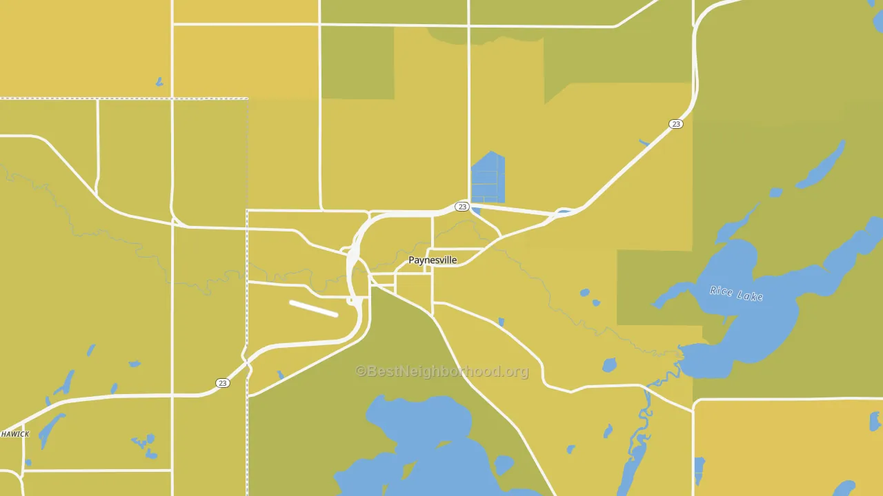 Map of the best neighborhoods in the Paynesville area, with better matches in green and worse matches in red