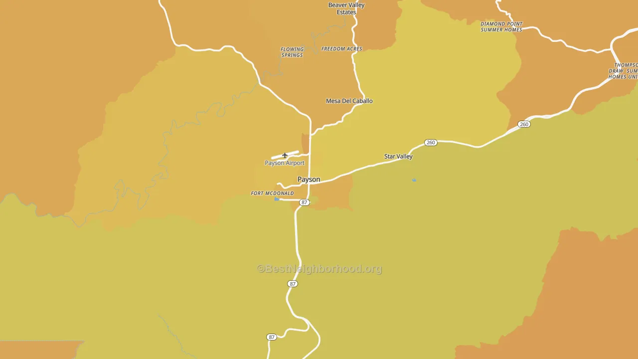 Map of the best neighborhoods in the Payson area, with better matches in green and worse matches in red