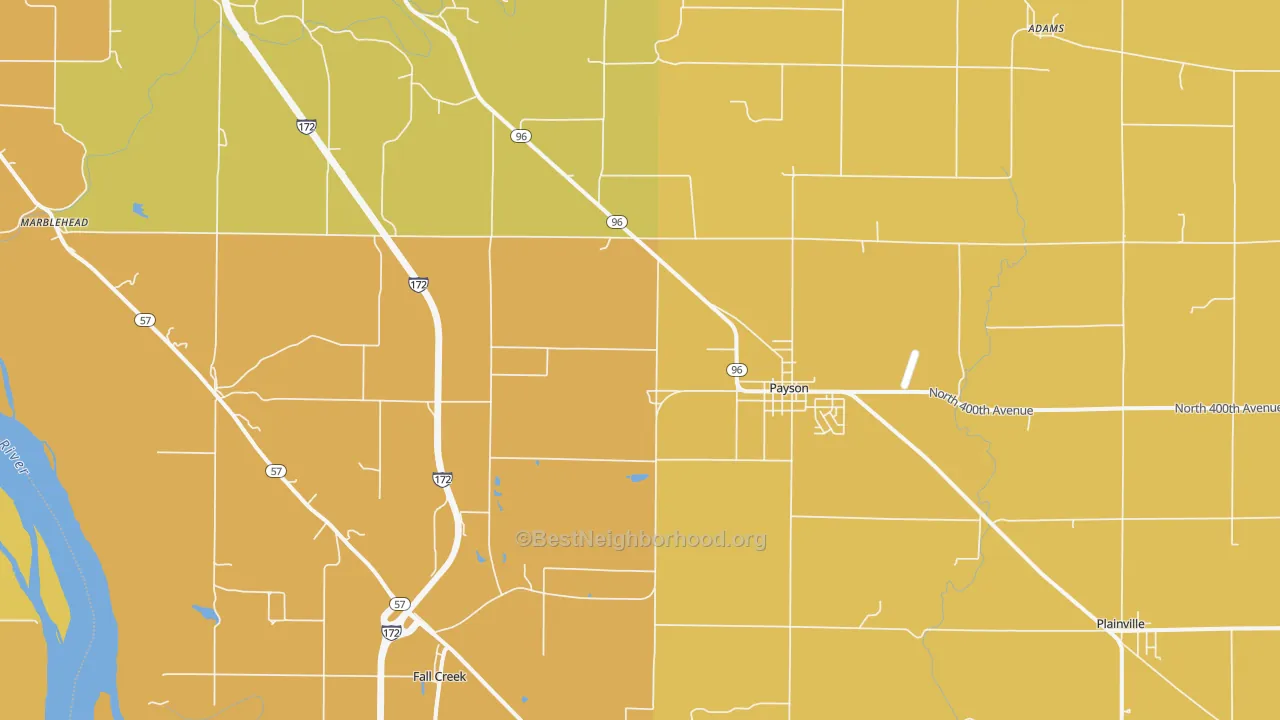 Map of the best neighborhoods in the Payson area, with better matches in green and worse matches in red