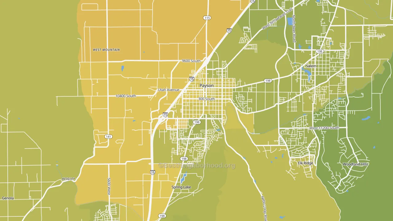 Map of the best neighborhoods in the Payson area, with better matches in green and worse matches in red