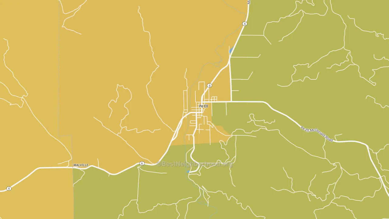 Map of the best neighborhoods in the Pe Ell area, with better matches in green and worse matches in red