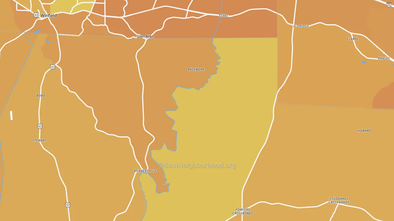 Map of the best neighborhoods in the Pea Ridge area, with better matches in green and worse matches in red