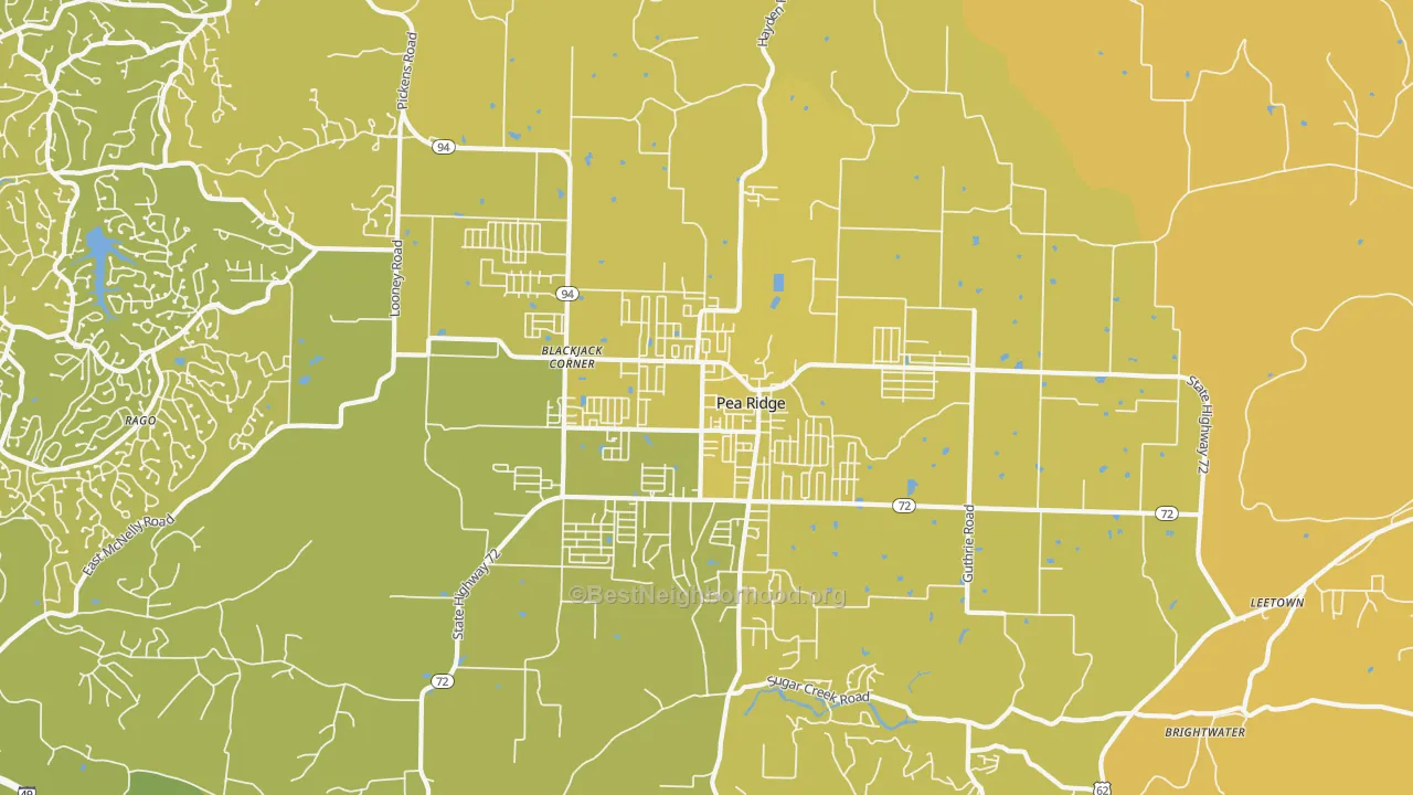 Map of the best neighborhoods in the Pea Ridge area, with better matches in green and worse matches in red