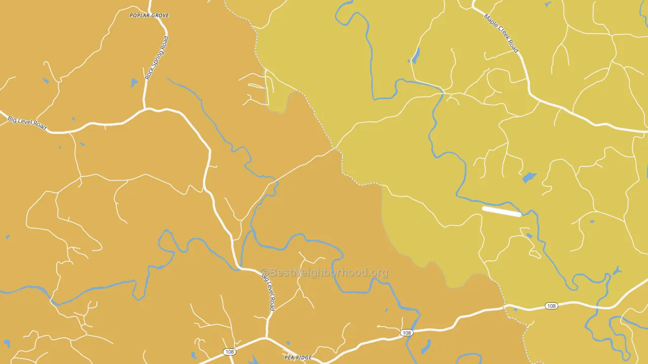 Map of the best neighborhoods in the Pea Ridge area, with better matches in green and worse matches in red