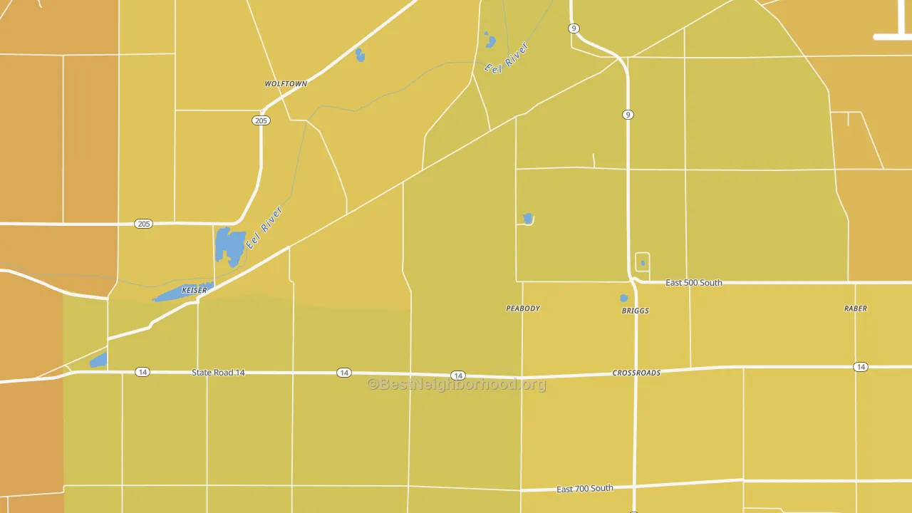 Map of the best neighborhoods in the Peabody area, with better matches in green and worse matches in red