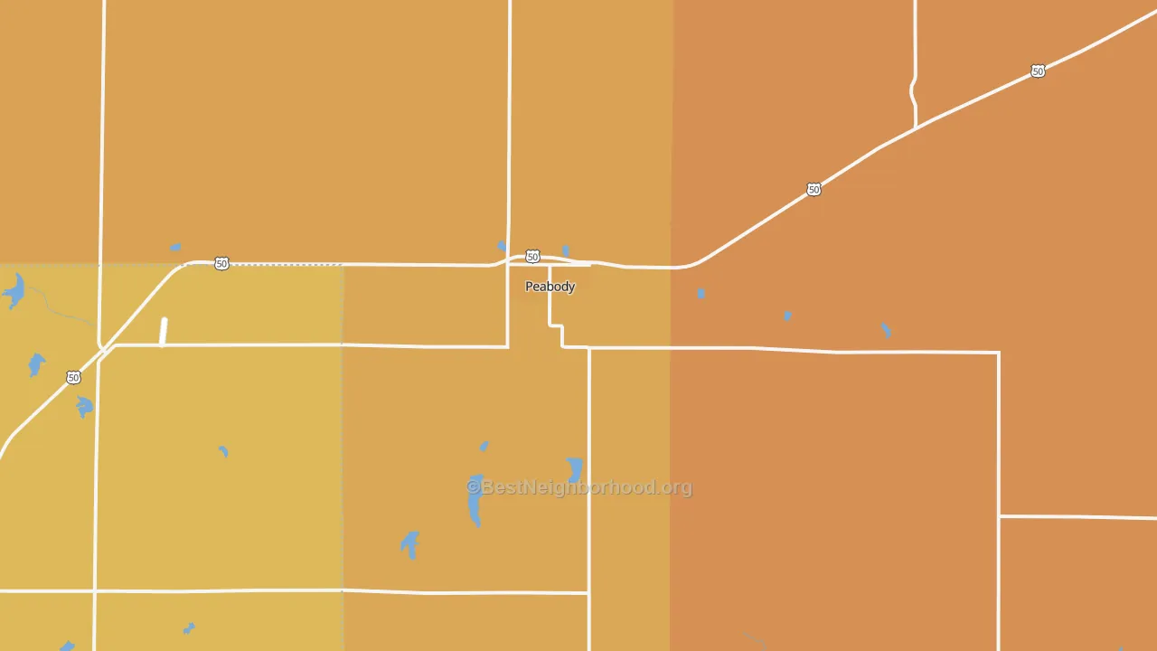 Map of the best neighborhoods in the Peabody area, with better matches in green and worse matches in red