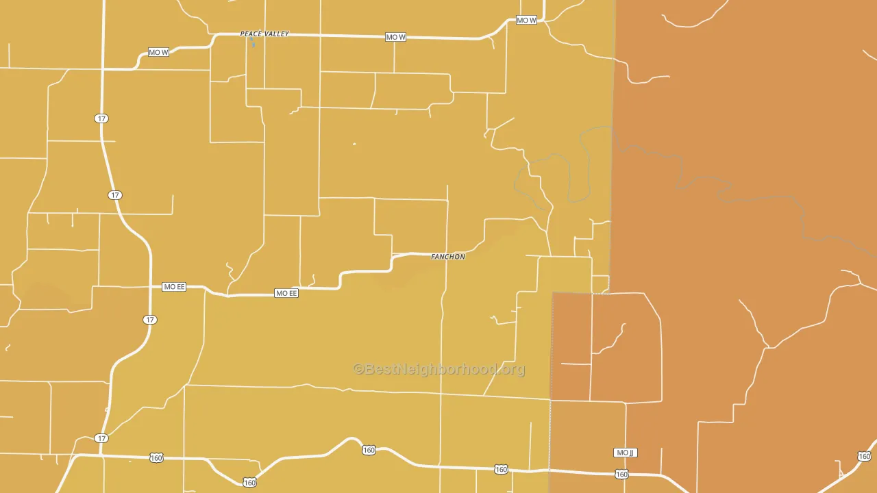 Map of the best neighborhoods in the Peace Valley area, with better matches in green and worse matches in red