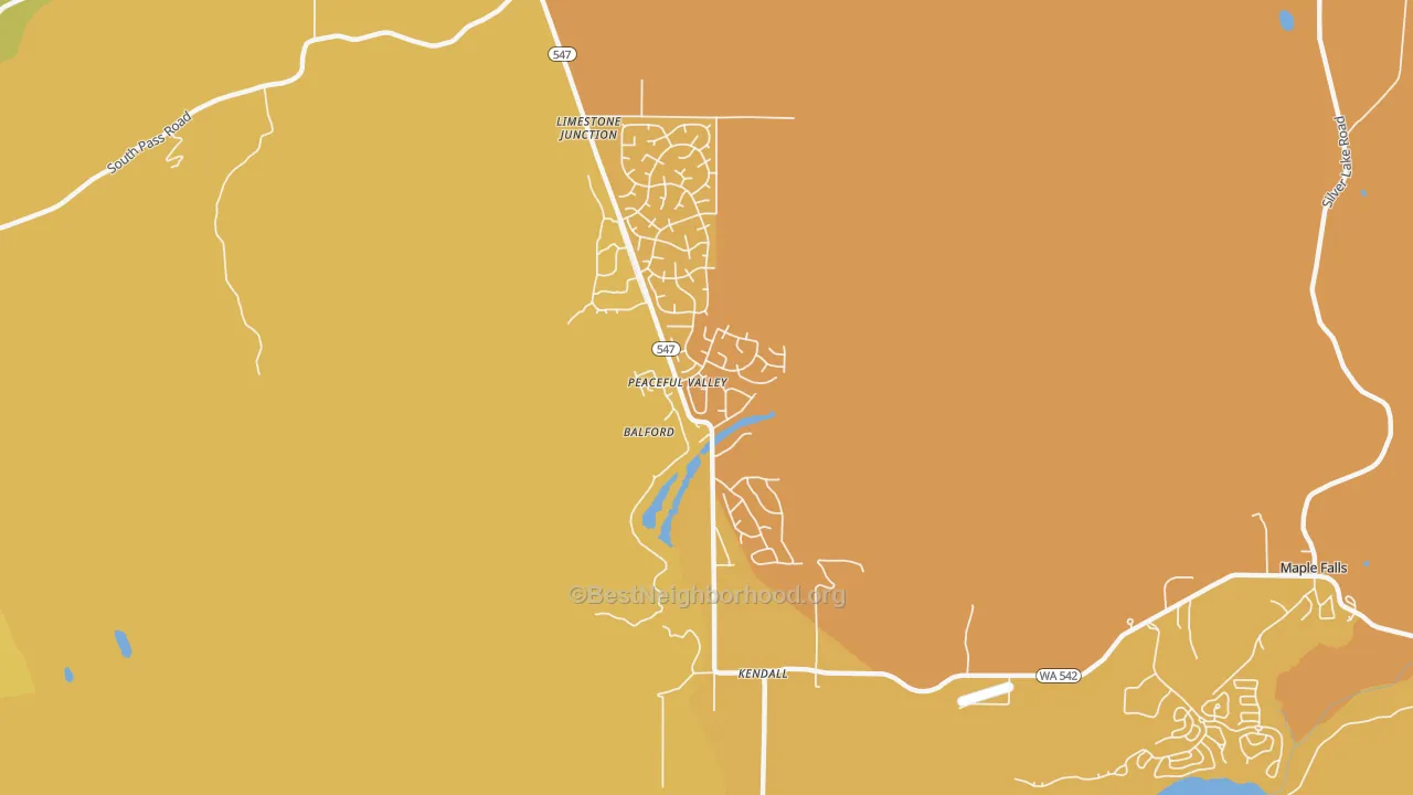 Map of the best neighborhoods in the Peaceful Valley area, with better matches in green and worse matches in red