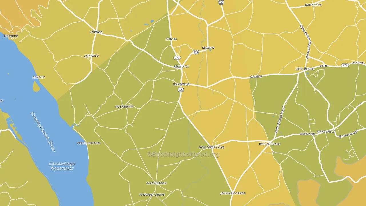 Map of the best neighborhoods in the Peach Bottom area, with better matches in green and worse matches in red