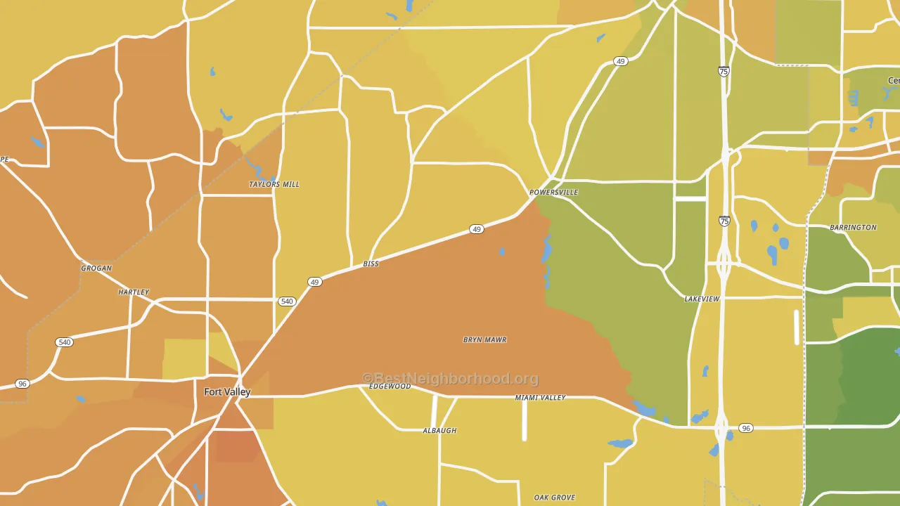 Map of the best neighborhoods in the Peach County area, with better matches in green and worse matches in red