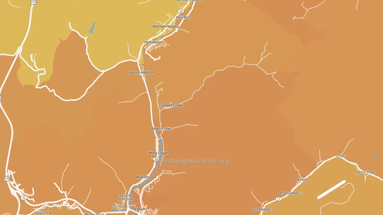 Map of the best neighborhoods in the Peach Creek area, with better matches in green and worse matches in red
