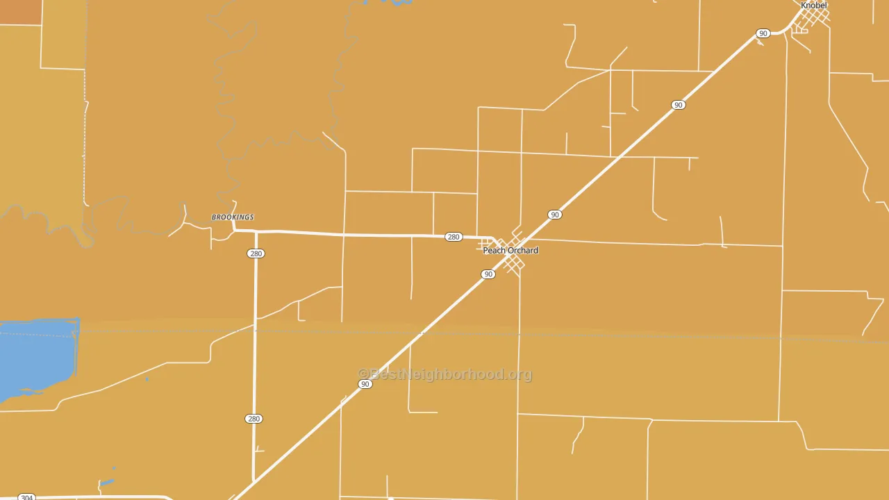 Map of the best neighborhoods in the Peach Orchard area, with better matches in green and worse matches in red