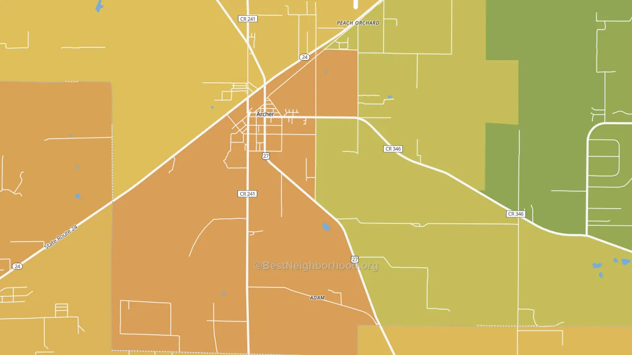 Map of the best neighborhoods in the Peach Orchard area, with better matches in green and worse matches in red