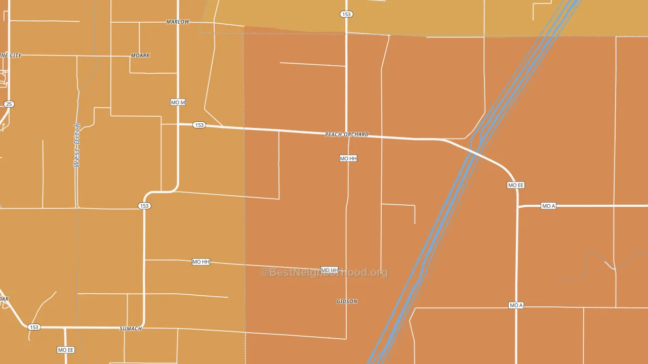 Map of the best neighborhoods in the Peach Orchard area, with better matches in green and worse matches in red