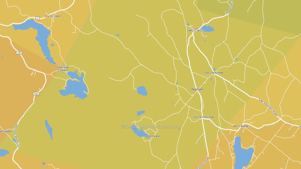 Map of the best neighborhoods in the Peacham area, with better matches in green and worse matches in red