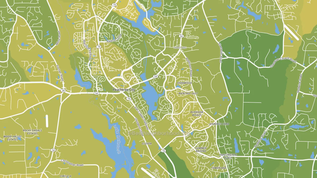 Map of the best neighborhoods in the Peachtree City area, with better matches in green and worse matches in red