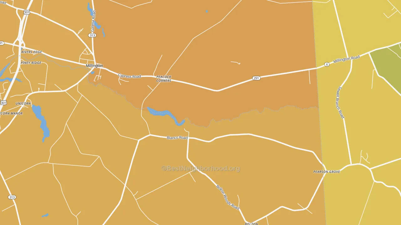 Map of the best neighborhoods in the Peacock Corners area, with better matches in green and worse matches in red