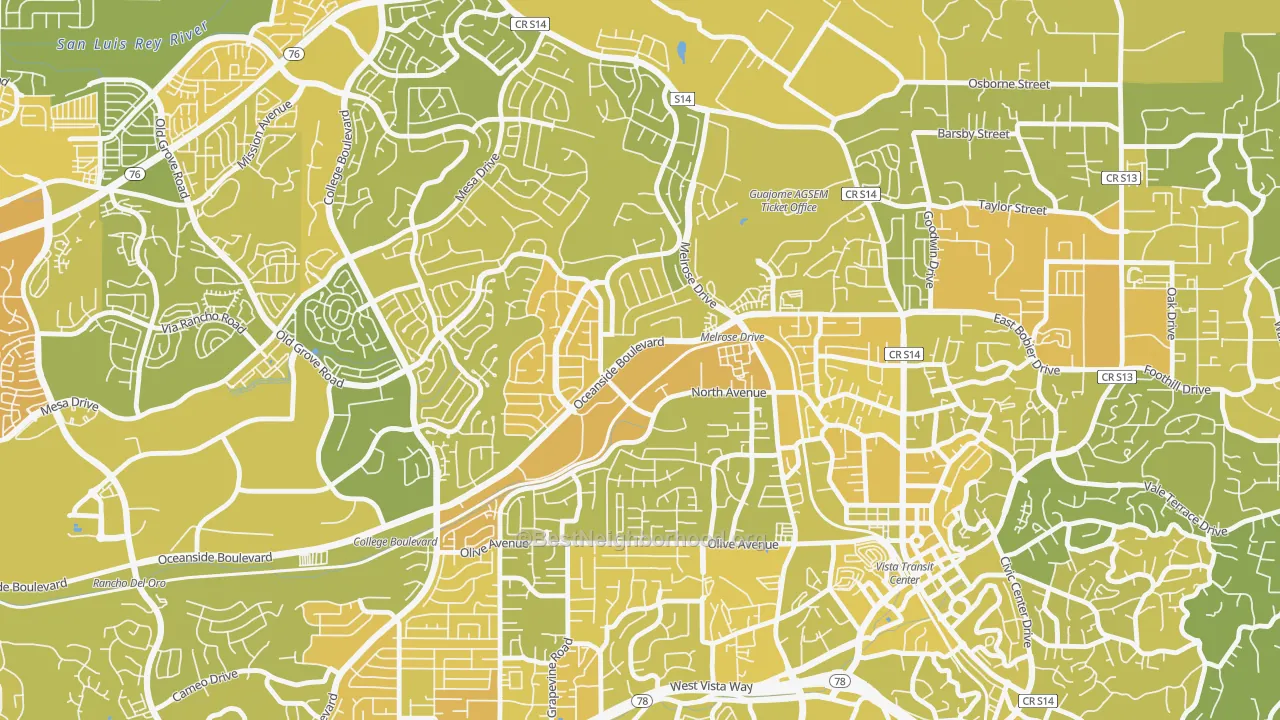 Map of the best neighborhoods in the Peacock, Oceanside area, with better matches in green and worse matches in red