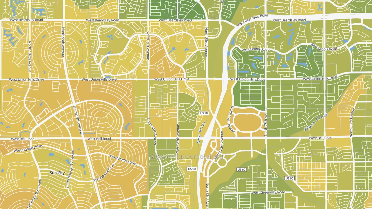 Map of the best neighborhoods in the Peacock Village, Peoria area, with better matches in green and worse matches in red
