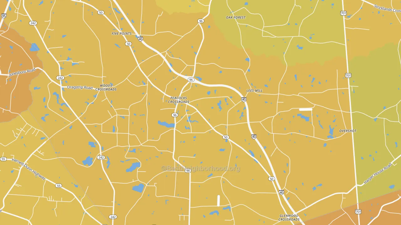 Map of the best neighborhoods in the Peacocks Crossroads area, with better matches in green and worse matches in red