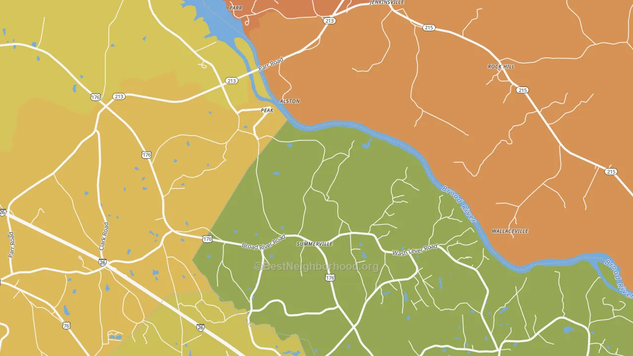 Map of the best neighborhoods in the Peak area, with better matches in green and worse matches in red