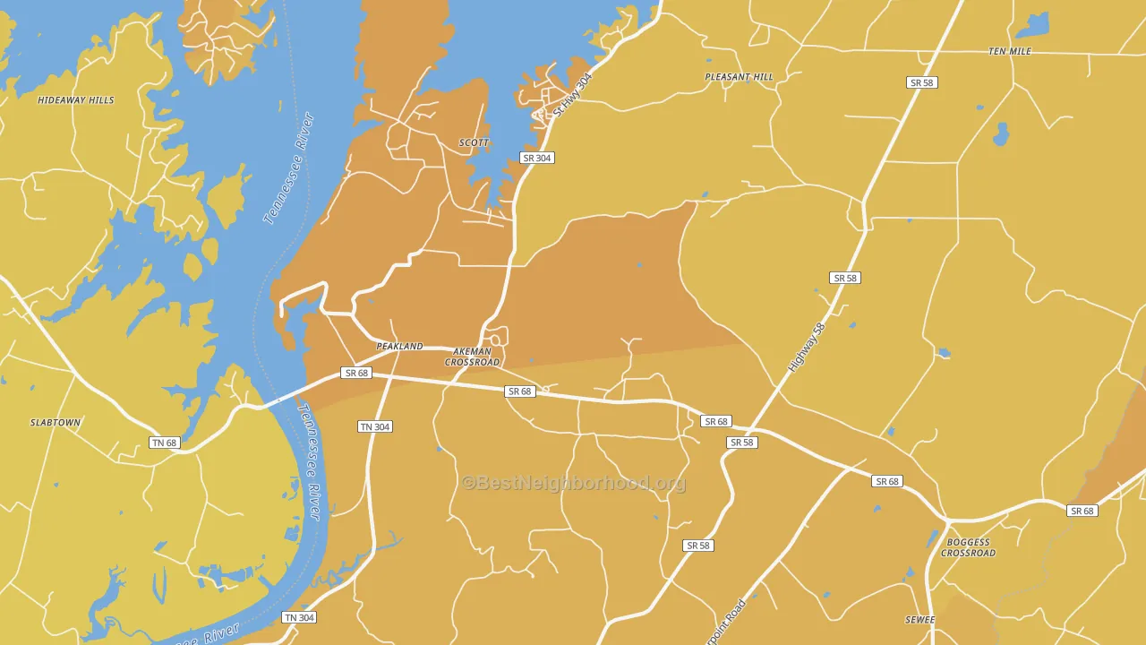 Map of the best neighborhoods in the Peakland area, with better matches in green and worse matches in red