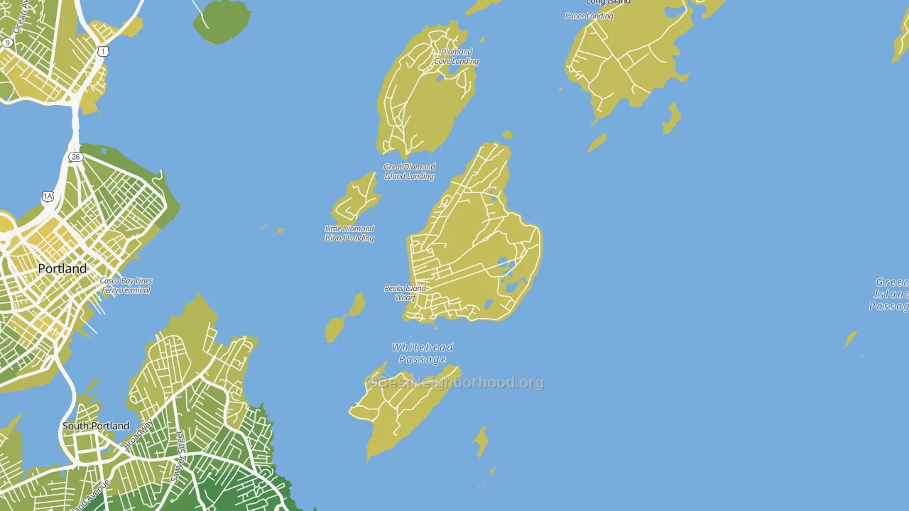 Map of the best neighborhoods in the Peaks Island area, with better matches in green and worse matches in red