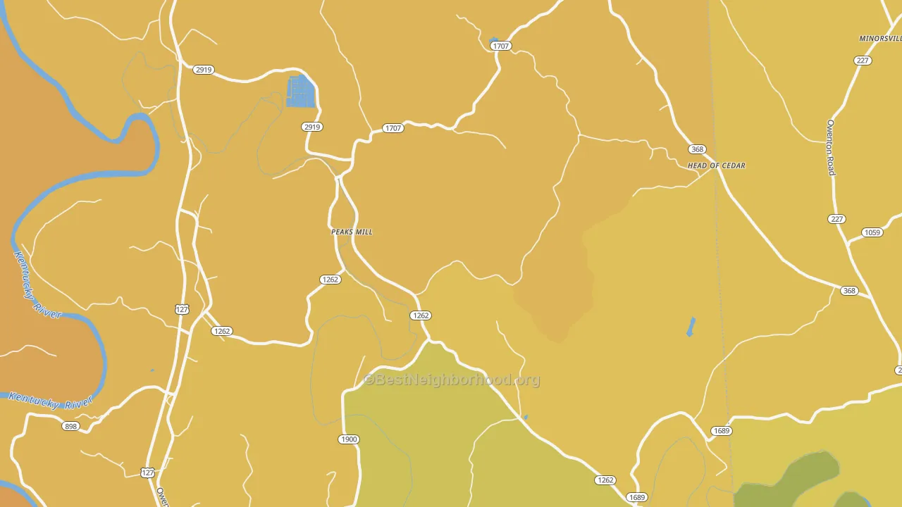 Map of the best neighborhoods in the Peaks Mill area, with better matches in green and worse matches in red