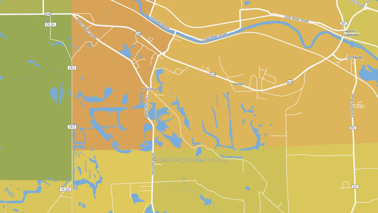 Map of the best neighborhoods in the Peanut area, with better matches in green and worse matches in red