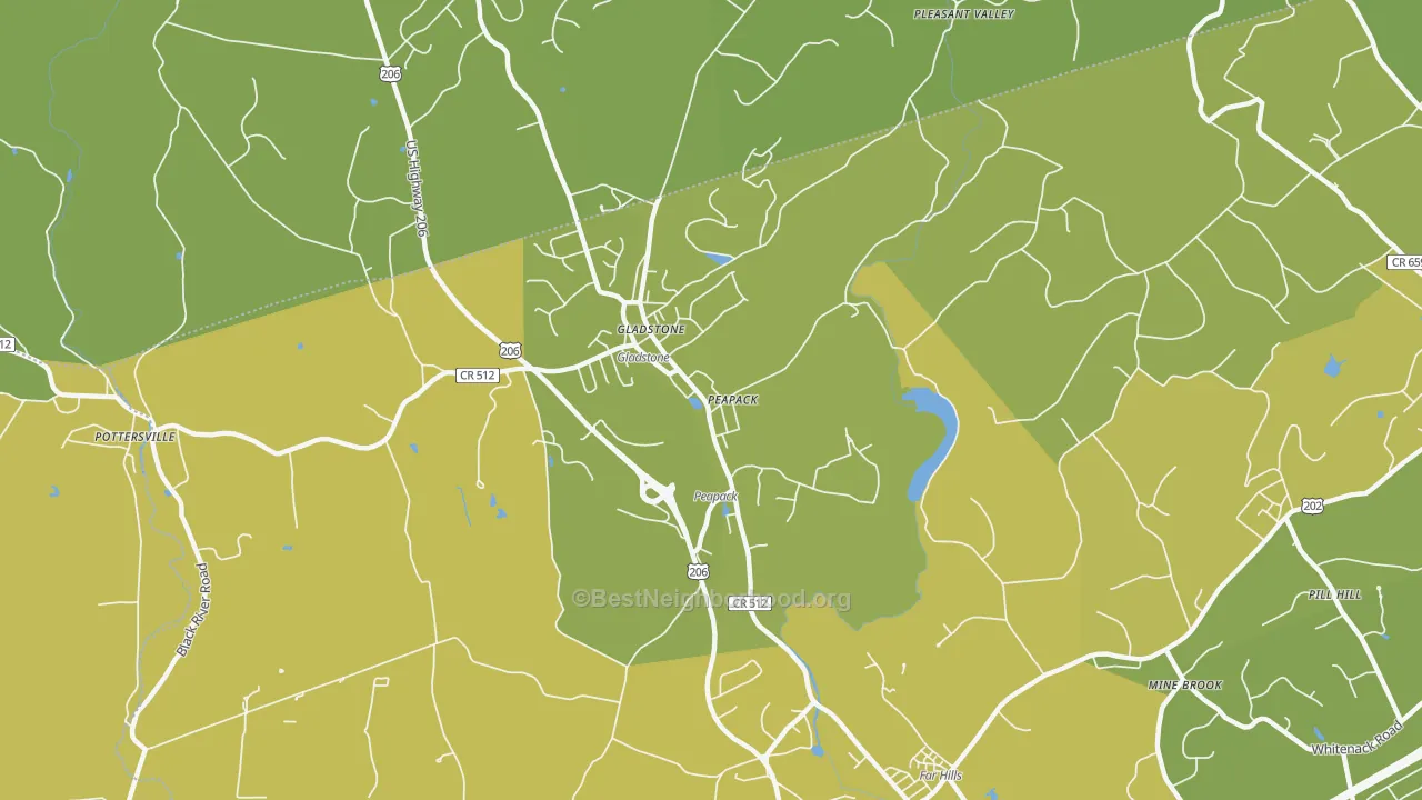 Map of the best neighborhoods in the Peapack and Gladstone area, with better matches in green and worse matches in red